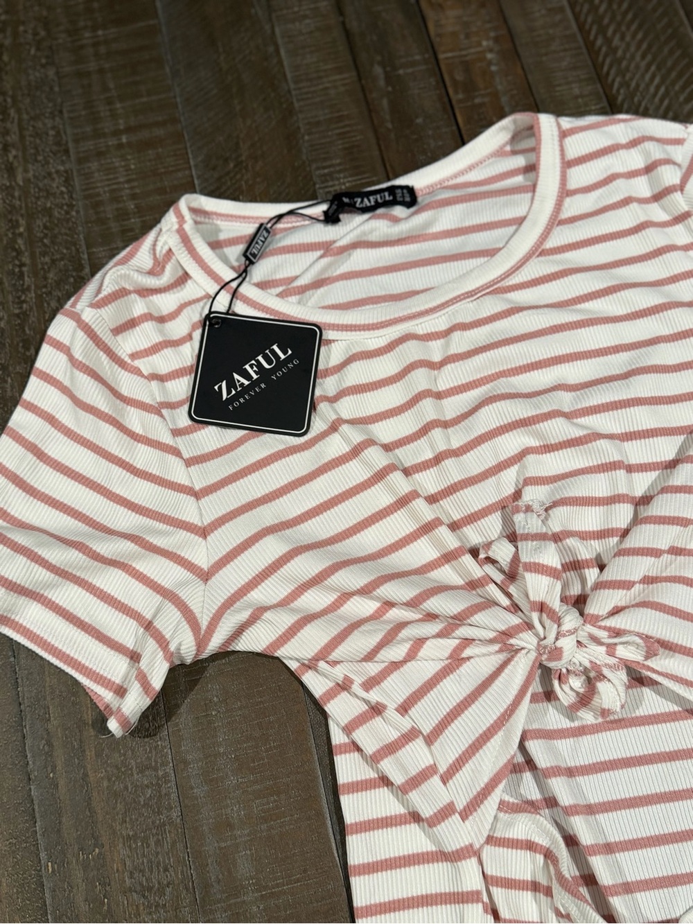 Zaful Pink & White Striped Knot-Front Crop Top